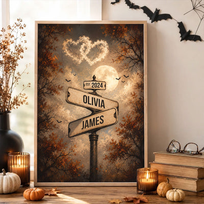 Spooky Halloween Full Moon Couple Street Sign - Personalized Poster - Custom Name And Date, Gift for Him, for Her