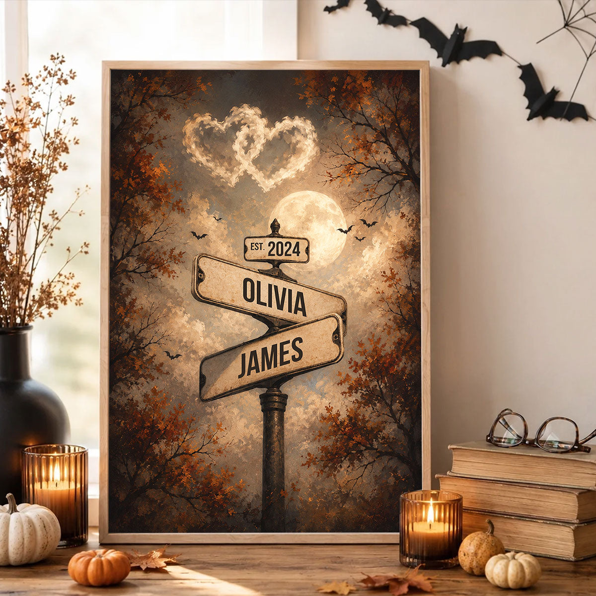 Spooky Halloween Full Moon Couple Street Sign - Personalized Poster - Custom Name And Date, Gift for Him, for Her