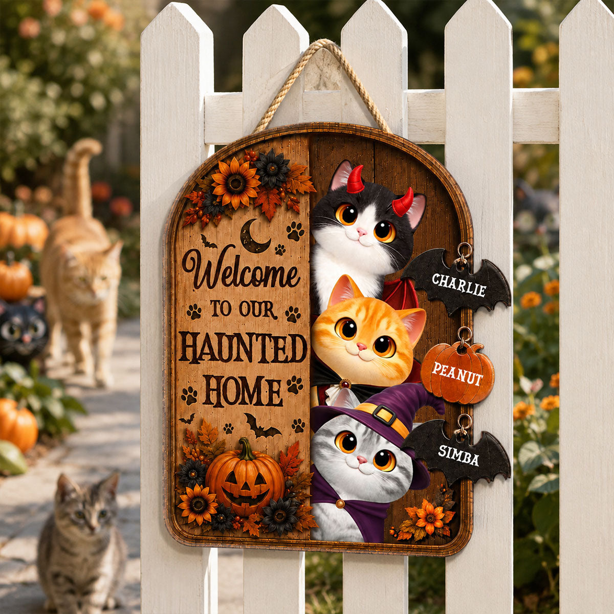 Happy Meowloween Peeking Cats 2D Flat - Personalized Door Sign - Halloween Decor For Cat Lovers
