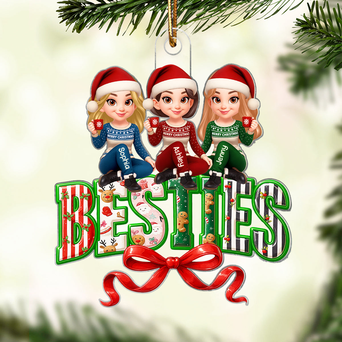 Besties Sisters Sitting on Text Personalized Acrylic Ornament, Christmas Gift for Best Friends, Sisters