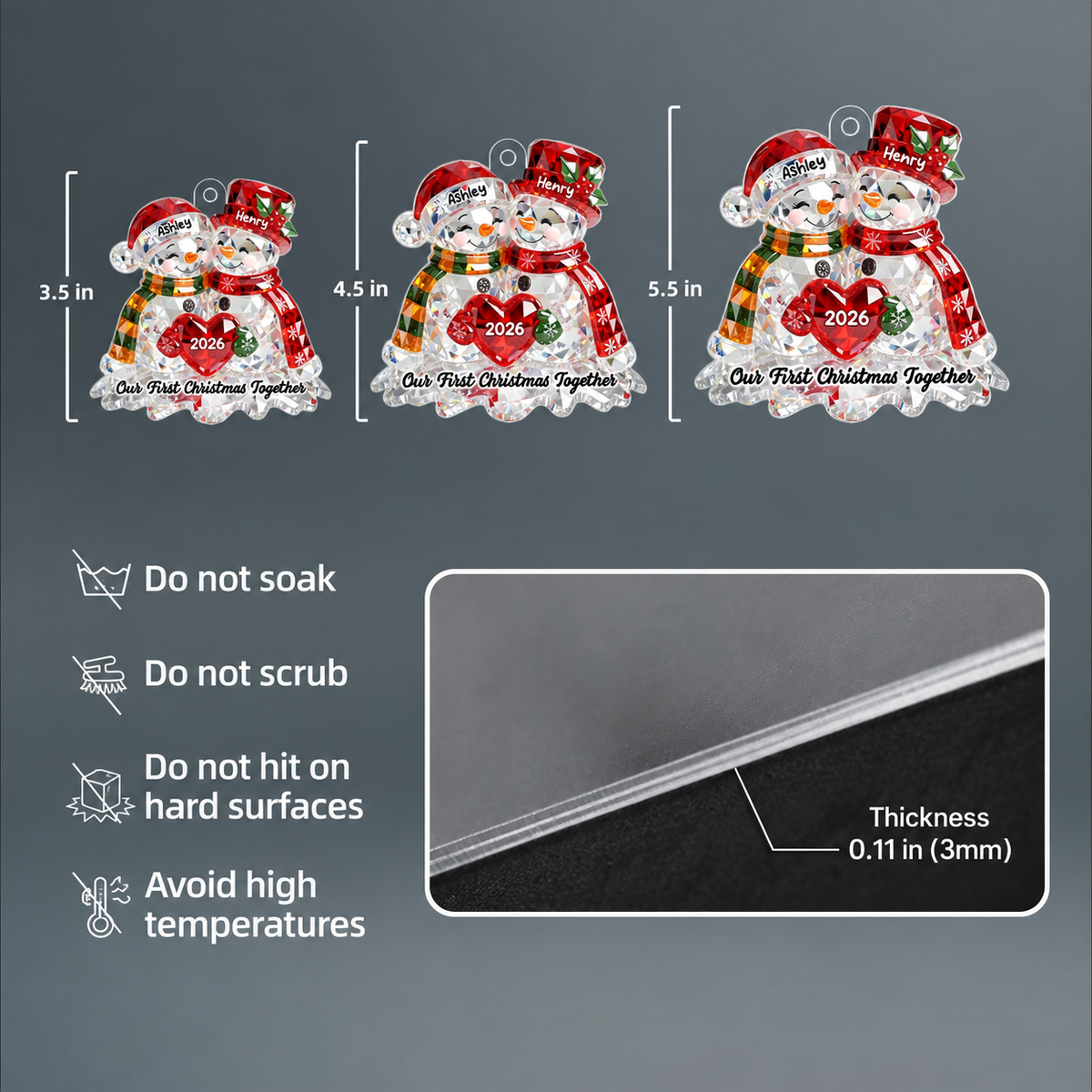 Snowman Couple 3D Crystal Effect - Personalized Acrylic Ornament - Christmas Gift for Couple