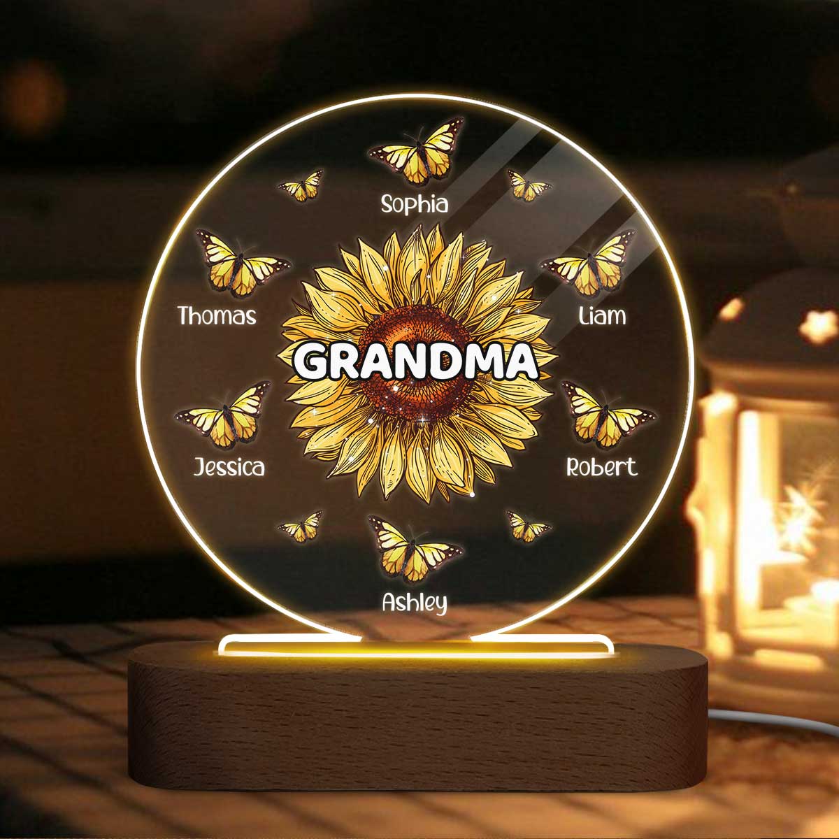 Sunflower Grandma Butterflies Grandkids Names Personalized Circle Acrylic Plaque LED Lamp Night Light