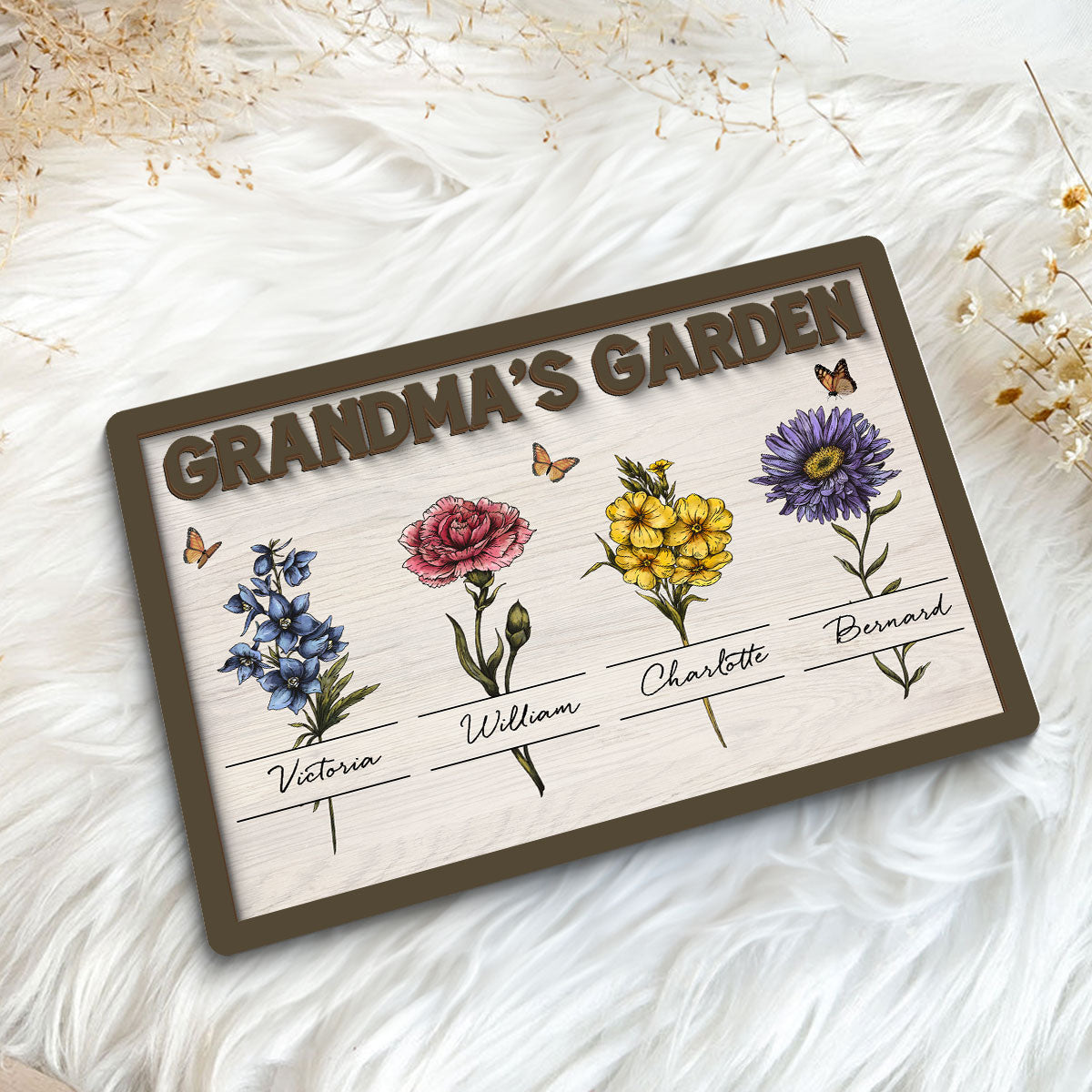 Gift For Grandma Grandma‘s Garden Beautiful Vintage Birth Month Flower With Names Personalized 2-Layer Wooden Plaque