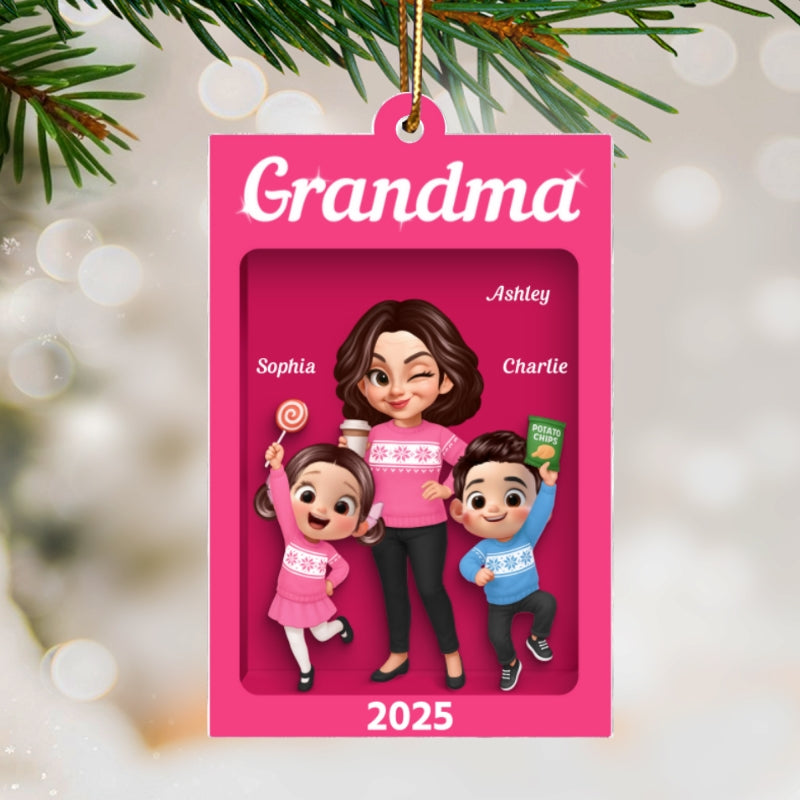 Cute Grandma And Grandkids Action Figure Personalized Acrylic Ornament - Unique Christmas Gift For Grandma