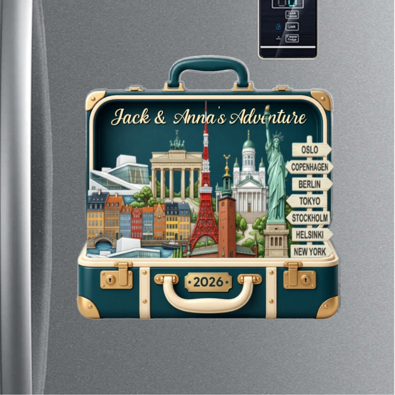 Custom Travel Adventure Suitcase 2D Flat Printed - Personalized Acrylic Fridge Magnet - Traveling Destination Keepsake, Christmas Gift For Traveling Lovers