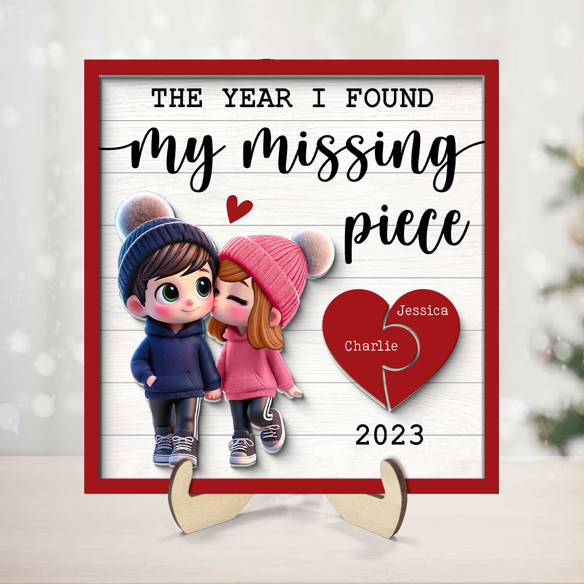 The Year I Found My Missing Piece Cute Couple Walking Personalized 2-Layered Wooden Plaque,  Gift for him, Gift for her