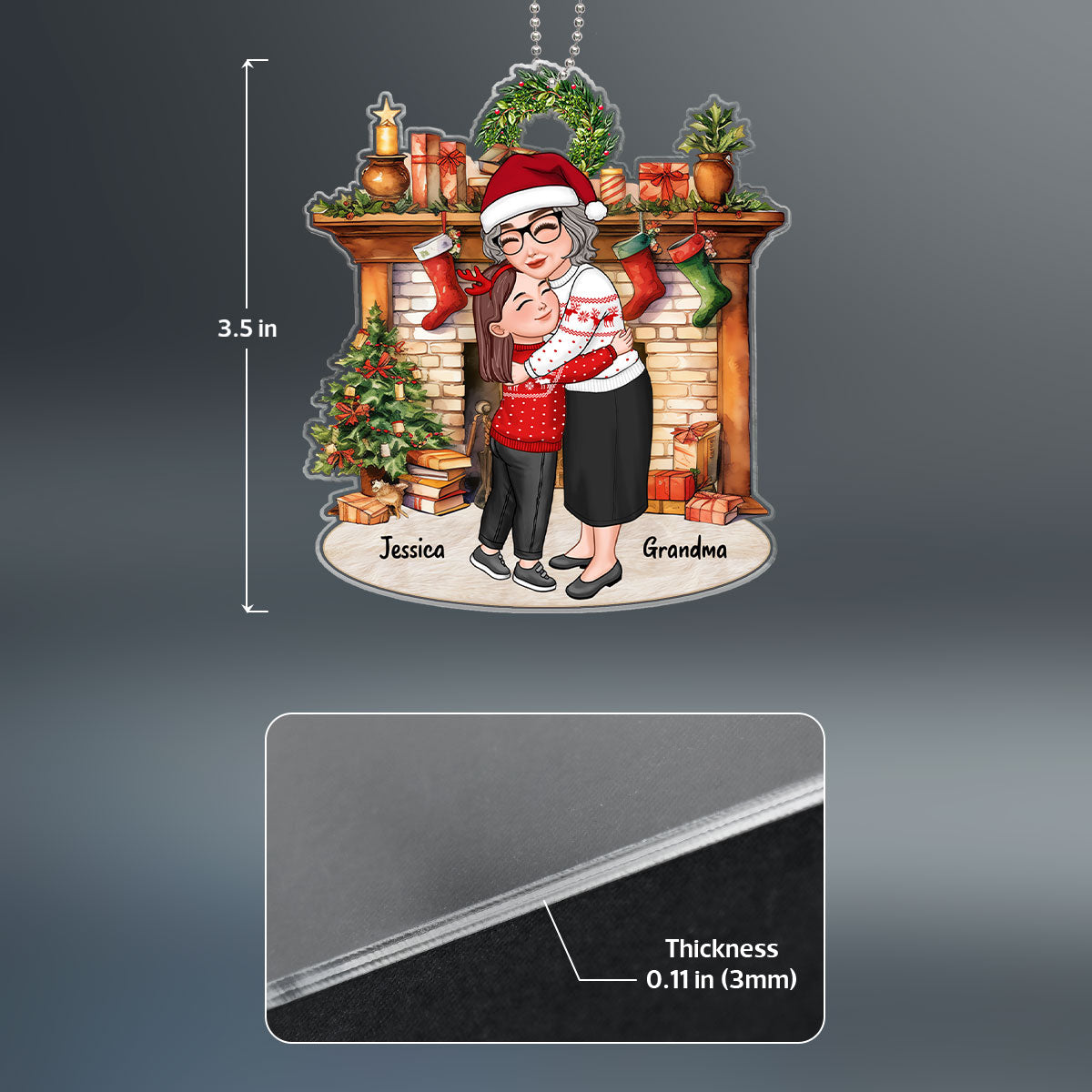 Grandma & Grandkid Hugging By Christmas Fireplace Personalized Acrylic Ornament