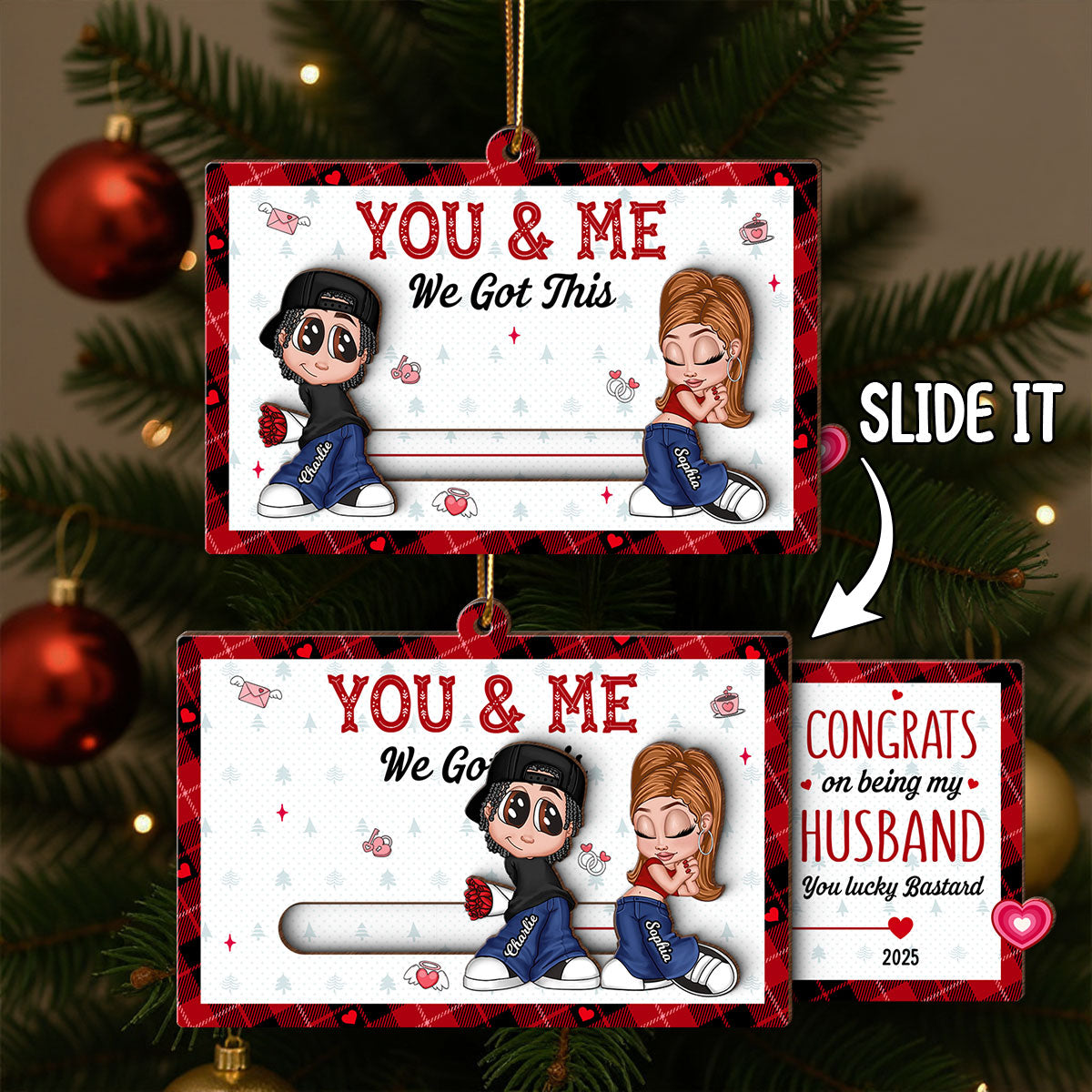 Y2K Couple Personalized Slider Ornament, Christmas Gift for Him for Her