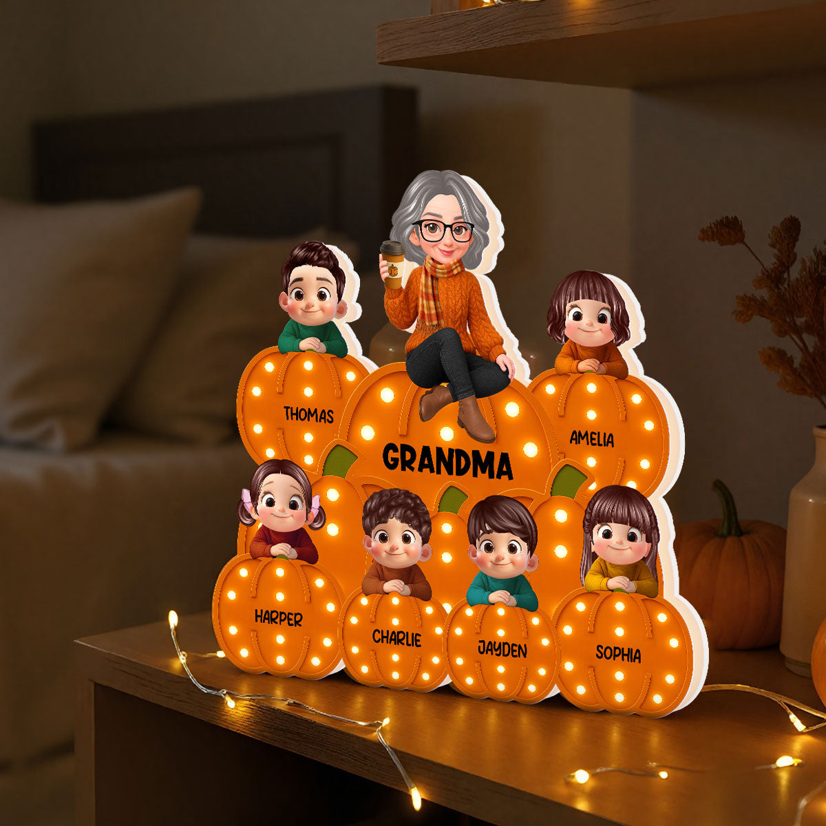 Fall Season Grandma Grandkids On Marquee Pattern Texture Pumpkins Personalized LED Light Box