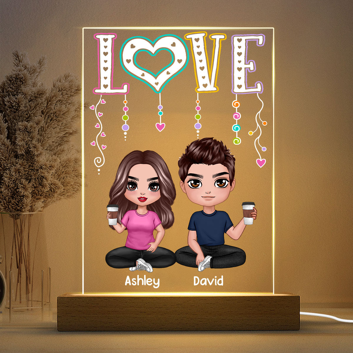 LOVE Happy Doll Couple Sitting Personalized Rectangle Acrylic Plaque LED Night Light