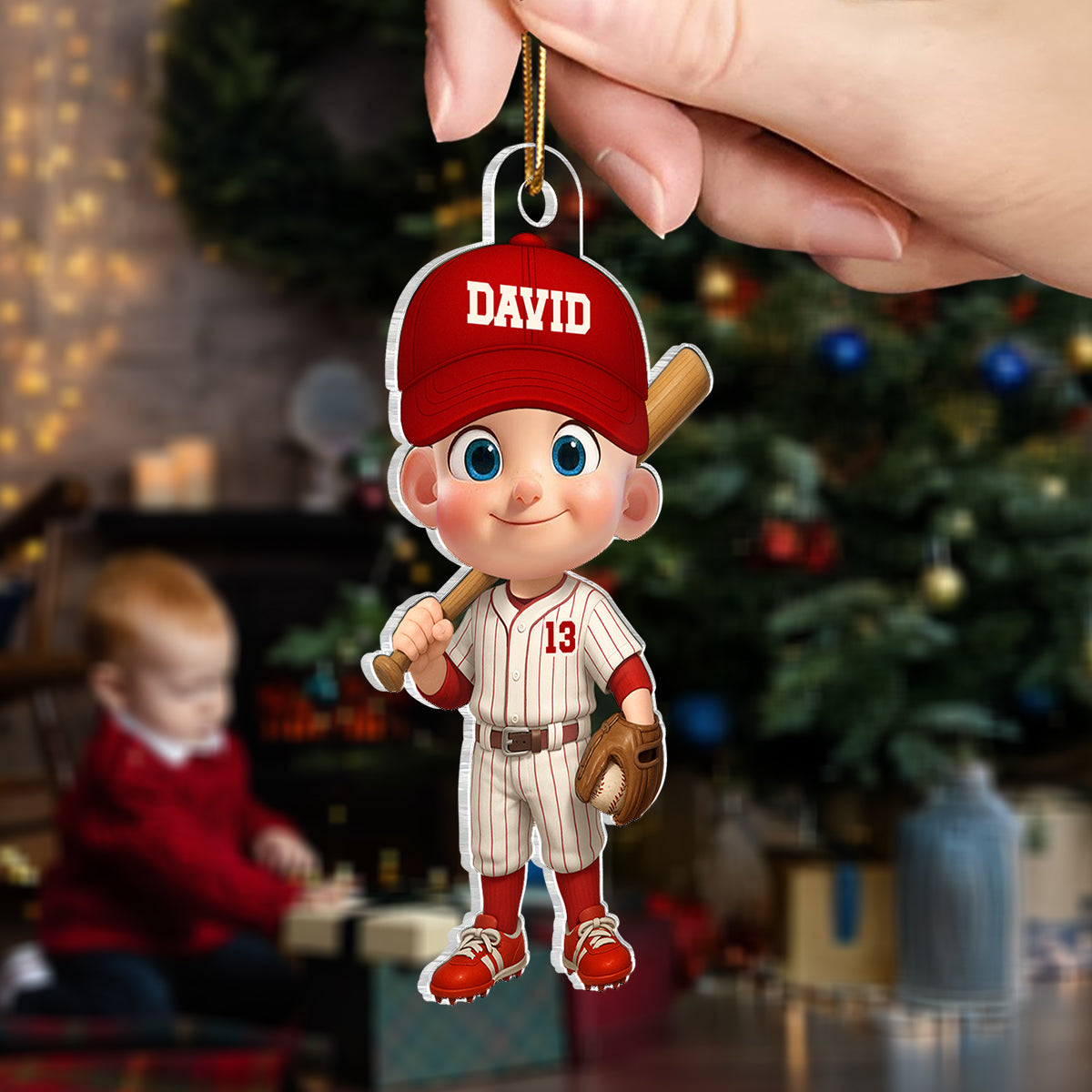3D Effect Little Kid Baseball Christmas - Personalized Acrylic Ornament - Gift For Kids, Grandkids