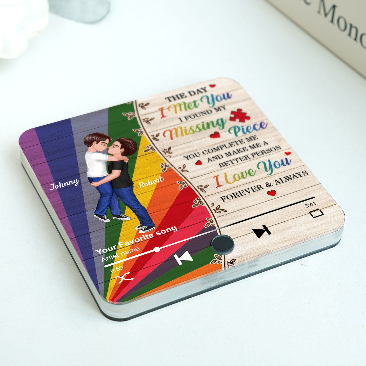 Colorful Wood Pallets The Day I Met You LGBTQ Couple Personalized Music Fridge Magnet, Pride Month Gift
