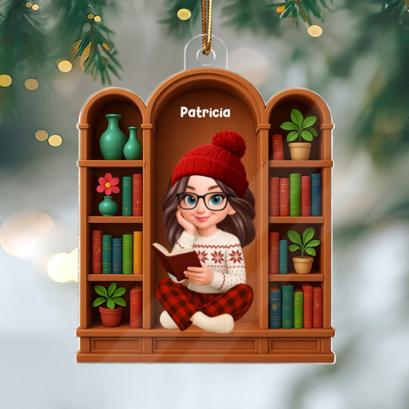 Christmas Cozy Vibe Pretty Girl Reading Book In Arched Bookshelf - Personalized Acrylic Ornament