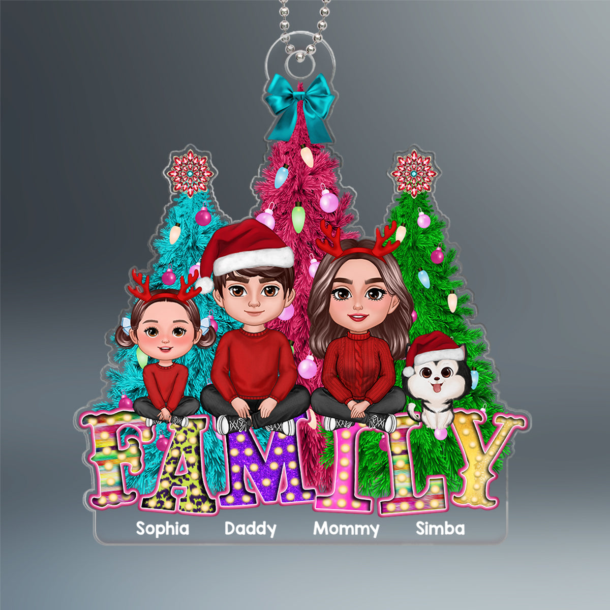 Family Sitting Crossed Legs Christmas Tree Colorful Marquee Personalized Acrylic Ornament