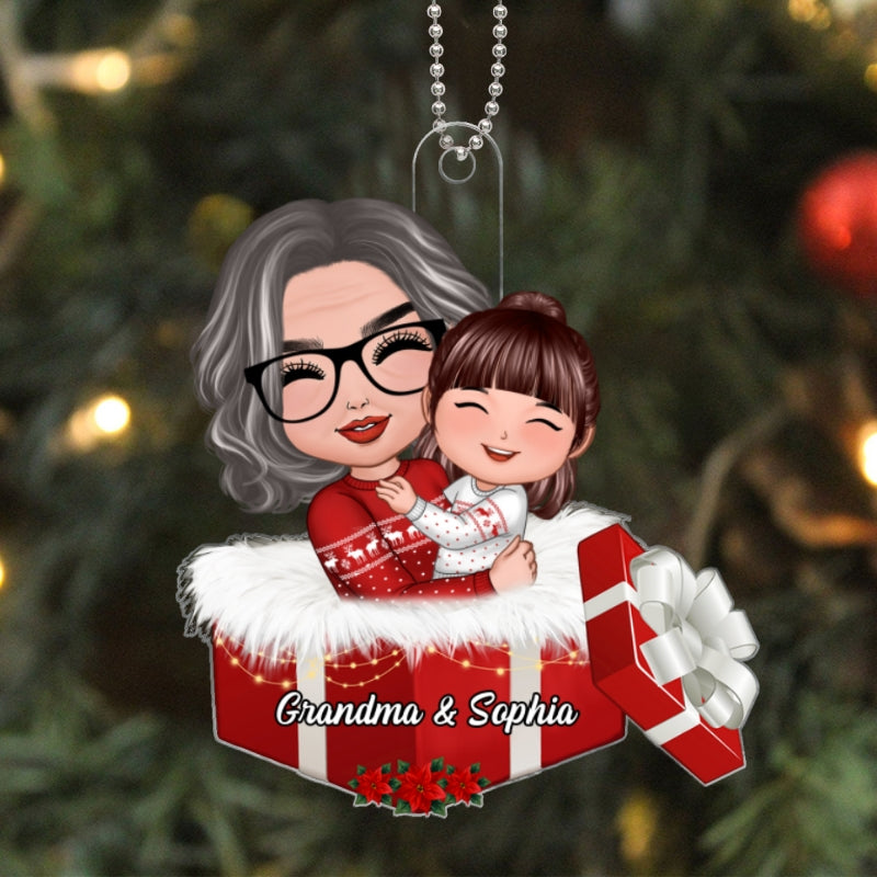 Doll Grandma Hugging Grandkid In Gift Box Christmas Gift For Granddaughter Grandson Personalized Acrylic Ornament