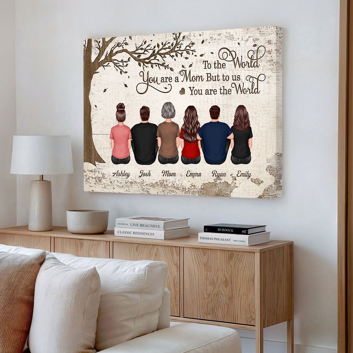 Back View Mom And Kids Dogs Cats Sitting Personalized Wrapped Canvas