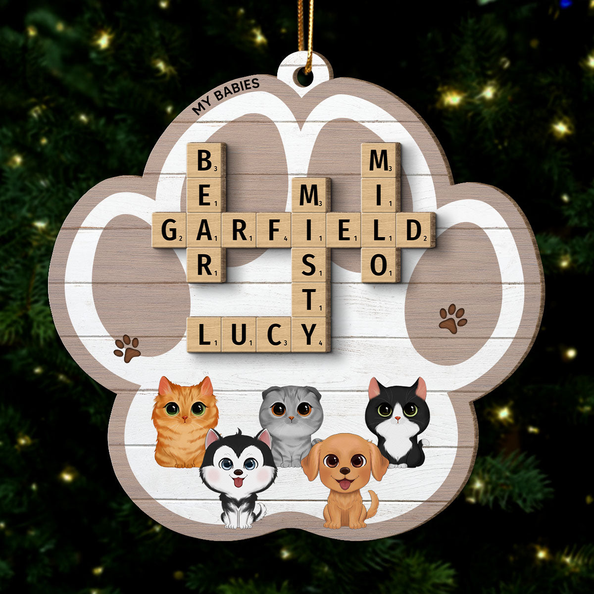 My Babies Dog Cat Crossword Puzzle Art Personalized Paw Shaped 2-Layer Wooden Ornament