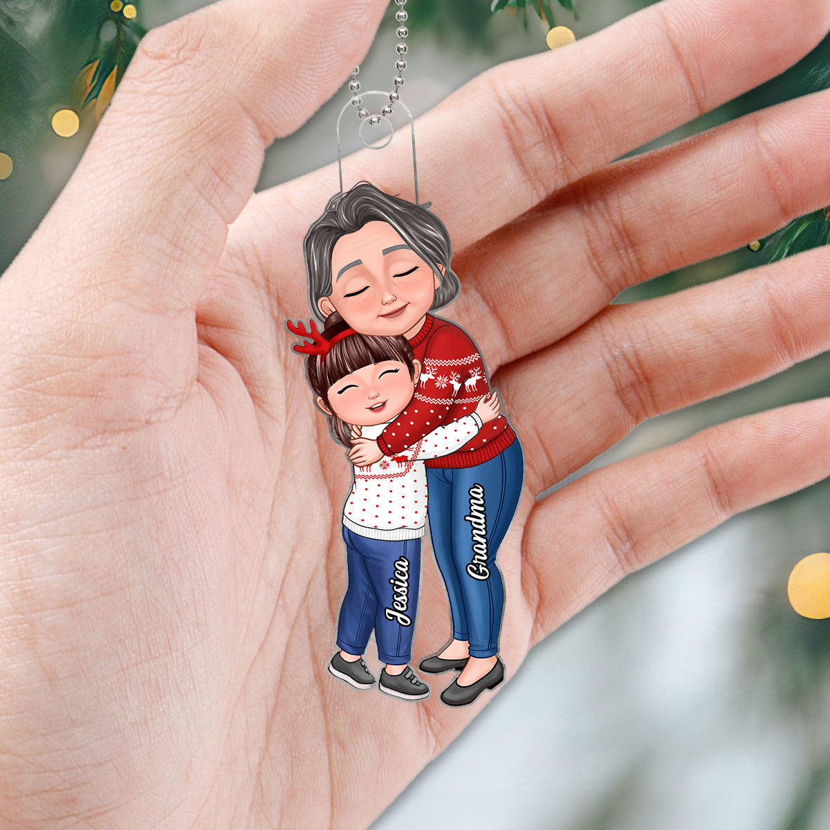 New Face Grandma & Grandkid Hugging Eyes Closed Personalized Acrylic Ornament
