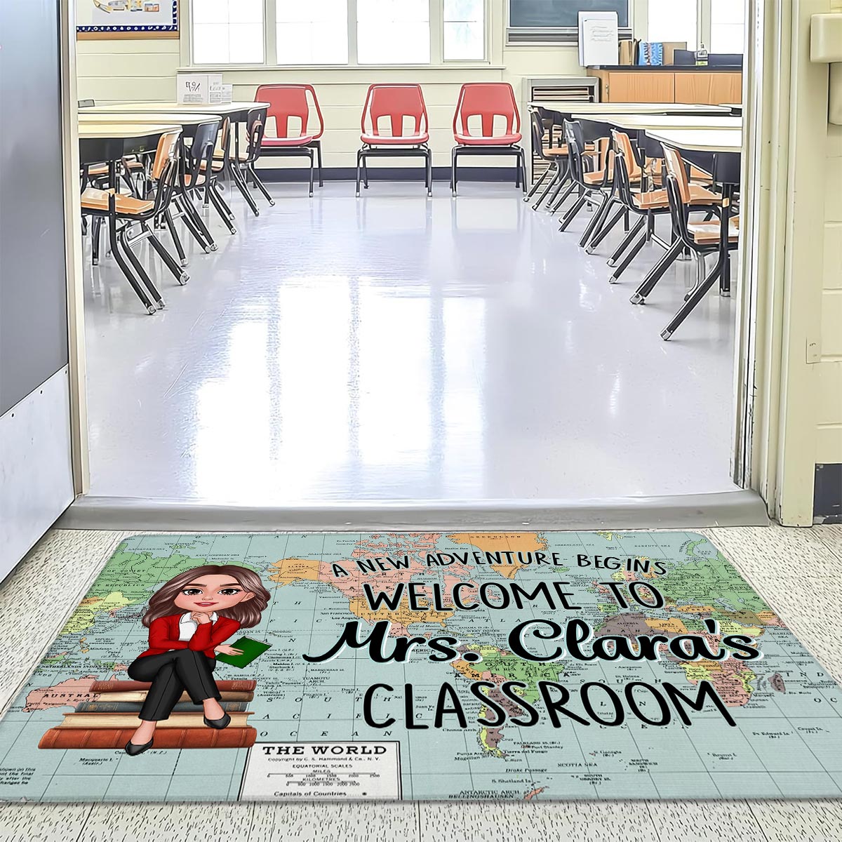 World Map Adventure Themed Teacher Welcome To Classroom Personalized Doormat, Back To School, Classroom Decor