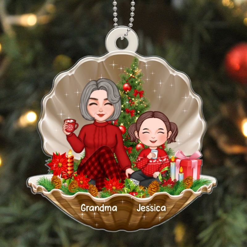 Cute Grandma Grandkids In Pearl Shell Personalized Christmas Acrylic Ornament