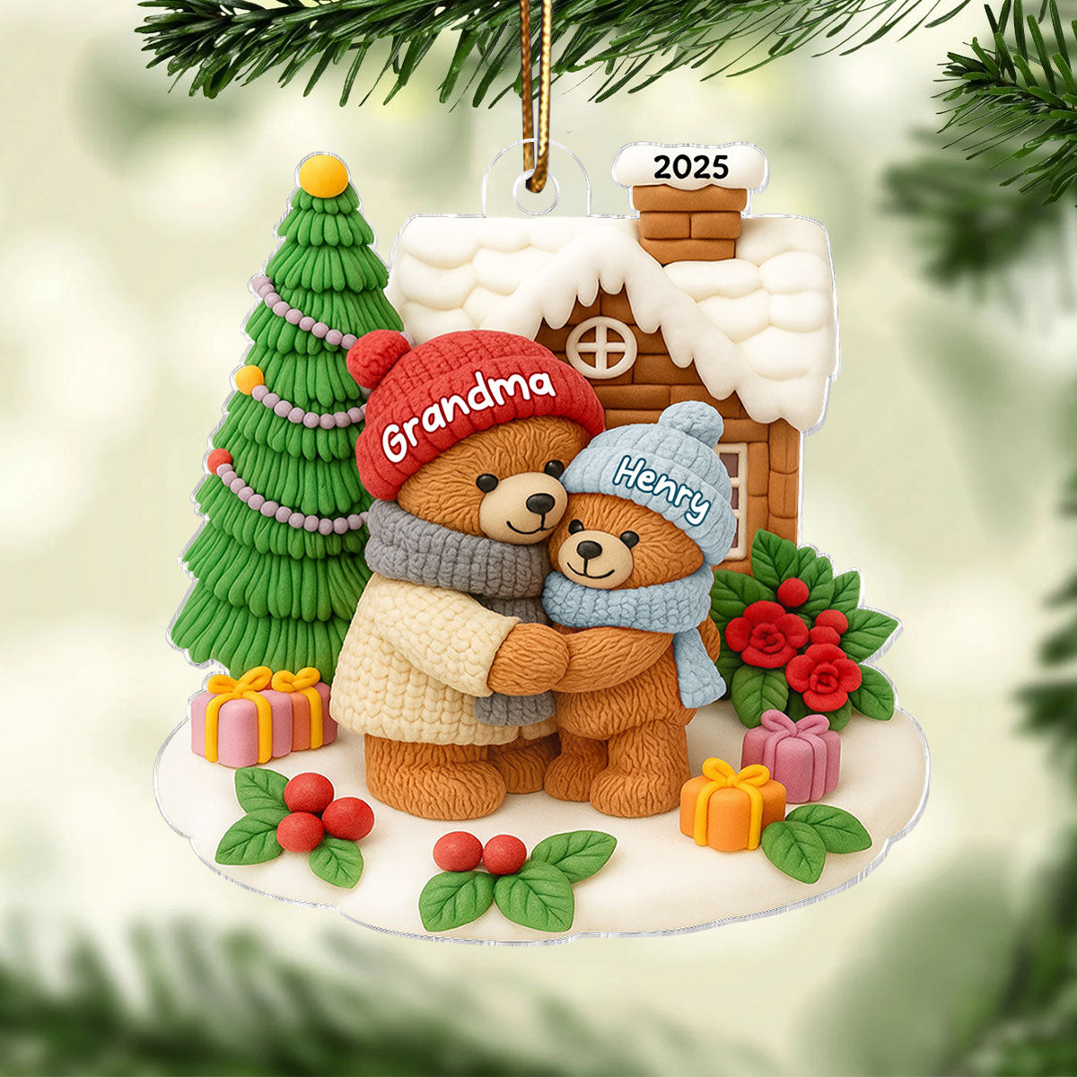 Grandma Bear Hugging Grandkids Personalized Acrylic Ornament, Christmas Gift for Granddaughter, Grandson, Grandkids
