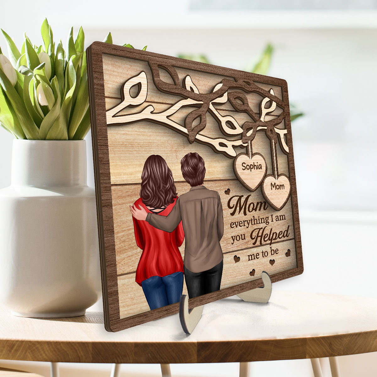 Back View Mom Daughter Son Under Tree Gift For Mom Personalized 2-Layer Wooden Plaque