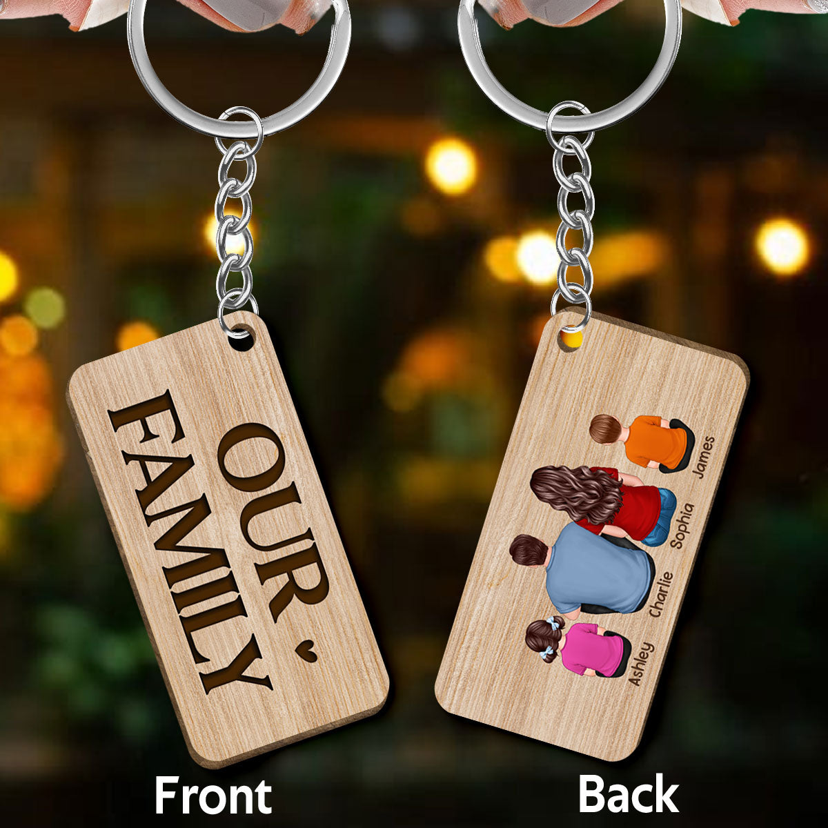 Our Family Sitting Back View Personalized Wooden Keychain