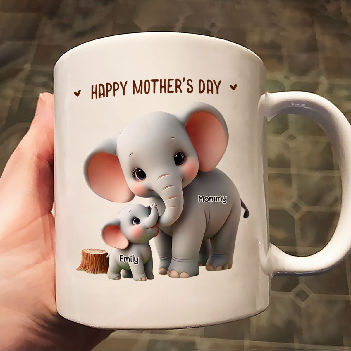 3D Effect Adorable Elephant Mom & Kids Grandma & Grandkids Personalized Mug, Perfect 2025 Gift For Mom, For Grandma