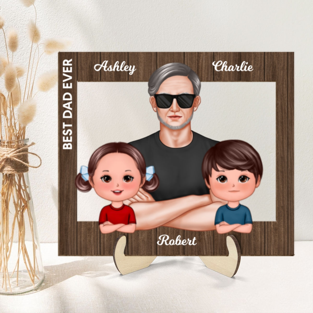 Real Man Dad Grandpa And Kids Frame Personalized 2-Layer Wooden Plaque, Father's Day Special Gift for Dad, Grandpa, Husband