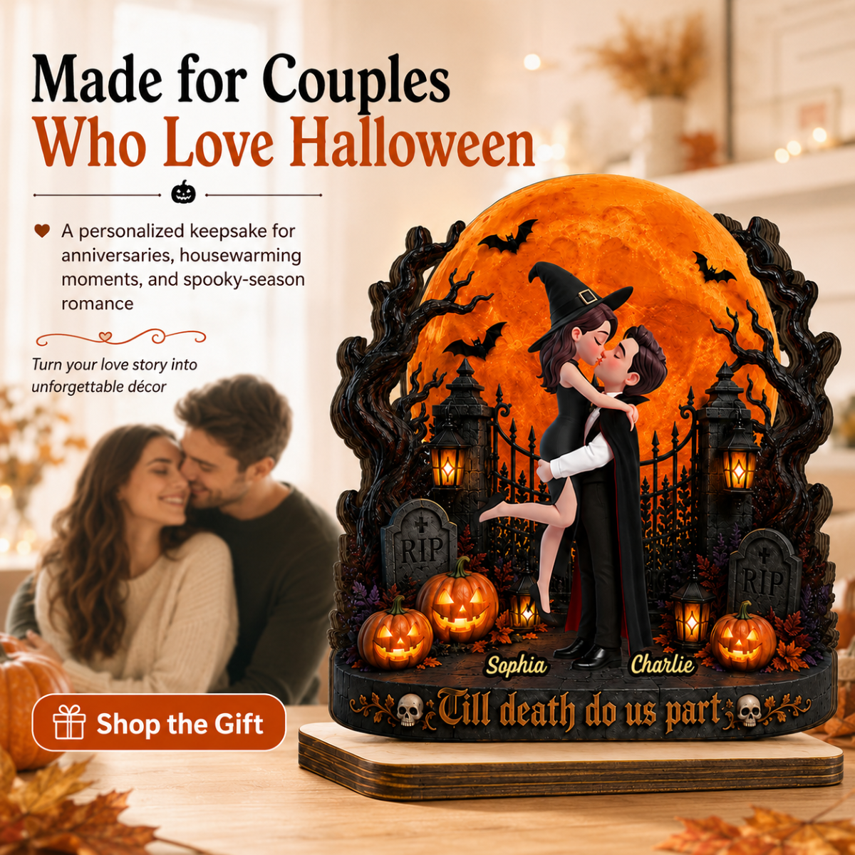 Eternal Love Couple Under Halloween Moon Light - Personalized 2-Layered Wooden Plaque - Halloween Gift For Couple