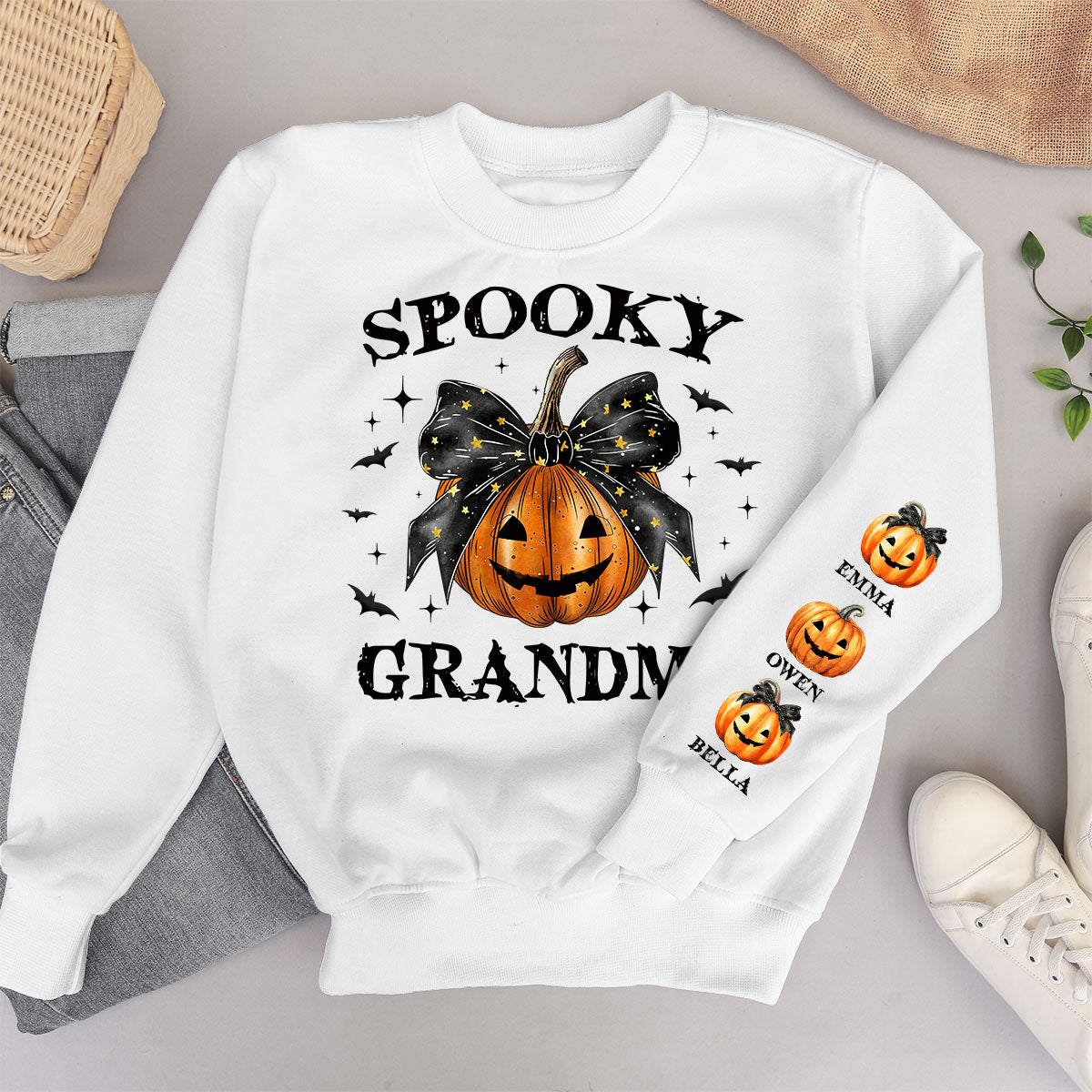 Spooky Grandma Mom Halloween Pumpkin Personalized Sleeve Printed Sweatshirt