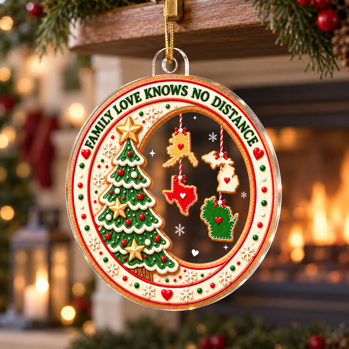 Family Love Knows No Distance Christmas Cookie States - Personalized Ornament - Long Distance Family Gift