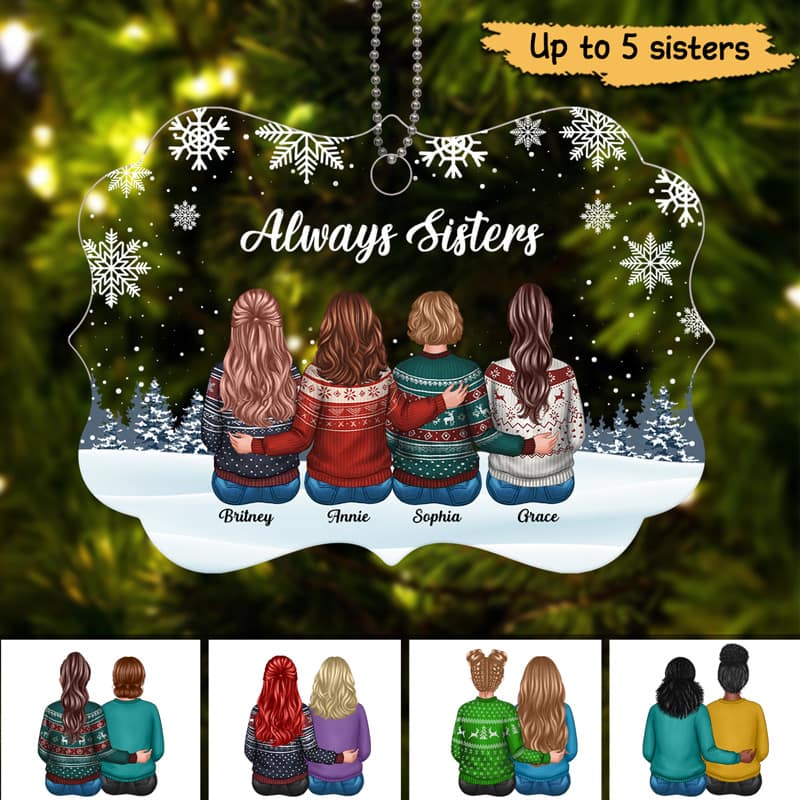 Sisters Siblings Snow Background Personalized Acrylic Ornament