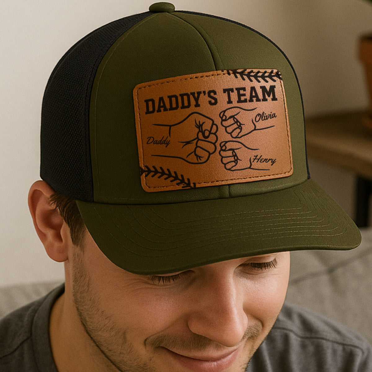 Baseball Daddy's Team Fist Bump Outline Personalized Leather Patch Hat