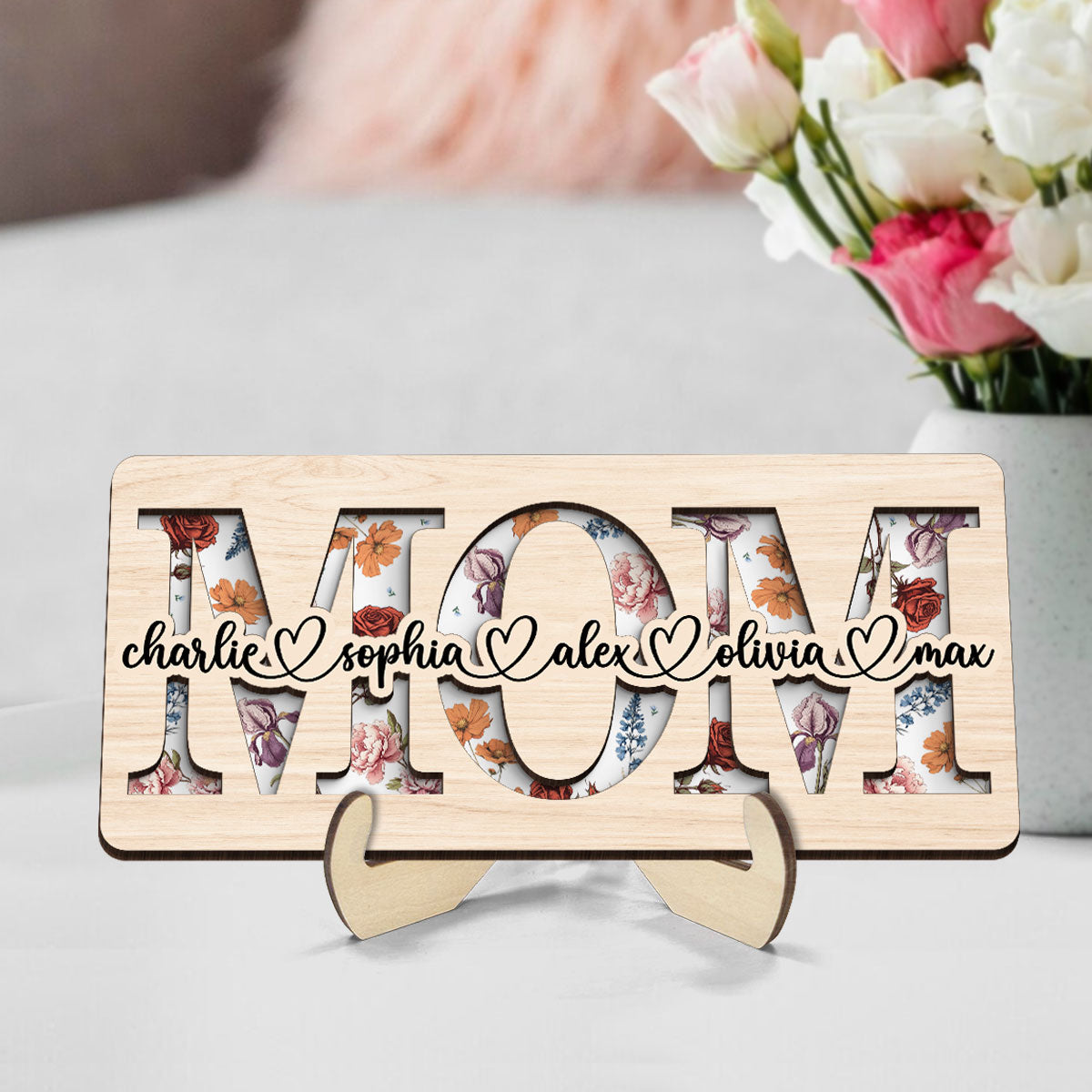 Custom Flower Printed Personalized 2-Layered Wooden Plaque, Valentine's Day, Mother's Day, Birthday, Just Because Gift for Mom, Grandma