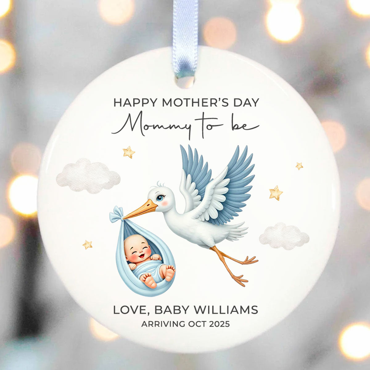 Cute Stork And Baby Mommy to be, Personalized Ceramic Ornament, Heartfelt First Gift for Pregnant Mom