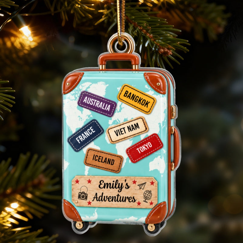 Suitcase Travel World Map 2D Flat Printed - Personalized Acrylic Ornament - Christmas Keepsake Ornament