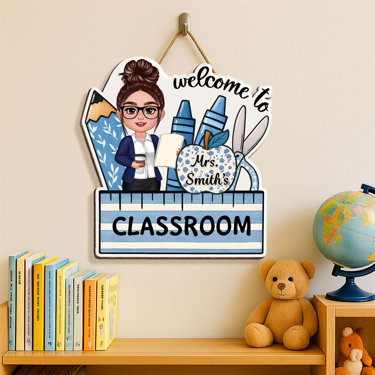 Welcome To Teacher Classroom Blue Floral Personalized Door Sign