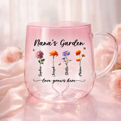 Grandma's Garden Love Grows Here - Personalized Glass Mug - Custom Birth Flowers, Mother's Day Gift for Mom, Grandma, Wife