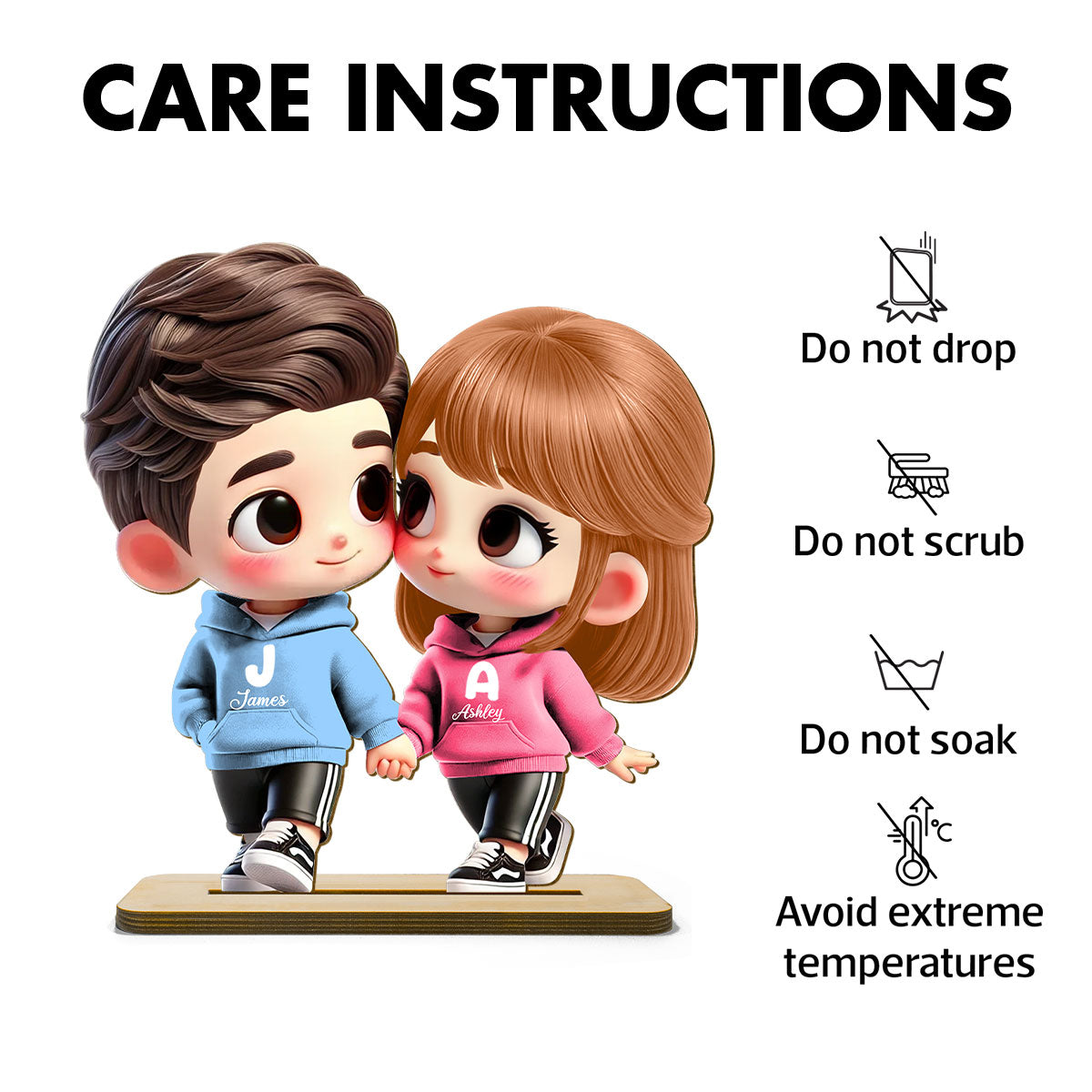 3D Effect Cute Cartoon Couple Holding Hands Personalized Standing Wooden Plaque, Anniversary &  Gift for him, Gift for her