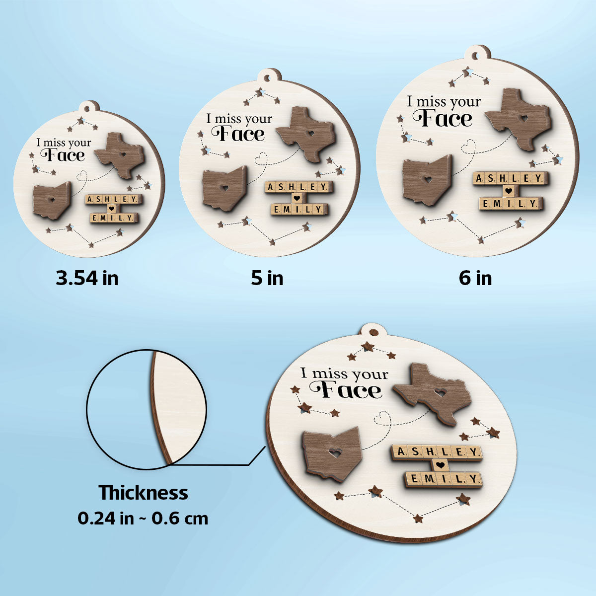 I Miss Your Face Long Distance State Maps Wooden Blocks Personalized 2-Layer Wooden Ornament, Christmas Gift For Besties, Couple, Family