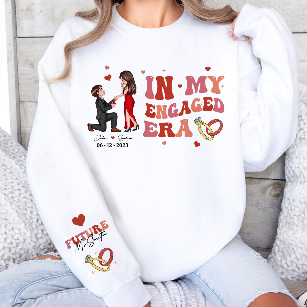 In My Engaged Era Proposing Couple Personalized Sleeved Printed Sweatshirt,  Gift, Engagement Gift For Her, Gift For The Bride-To-Be
