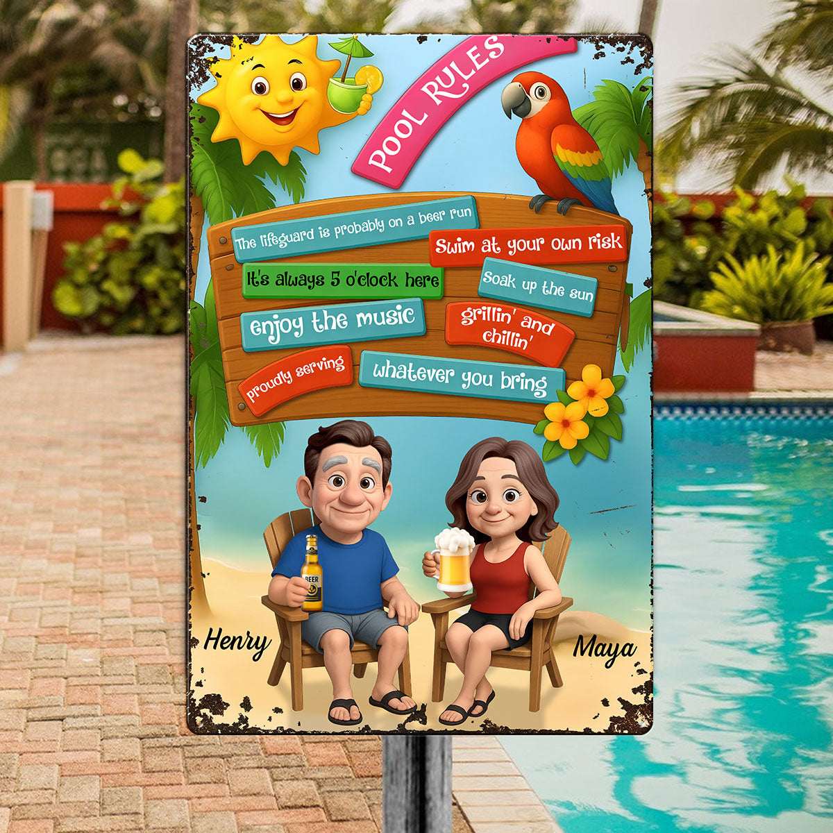 Pool Rules Couple Summer 3D Effect Personalized Metal Sign