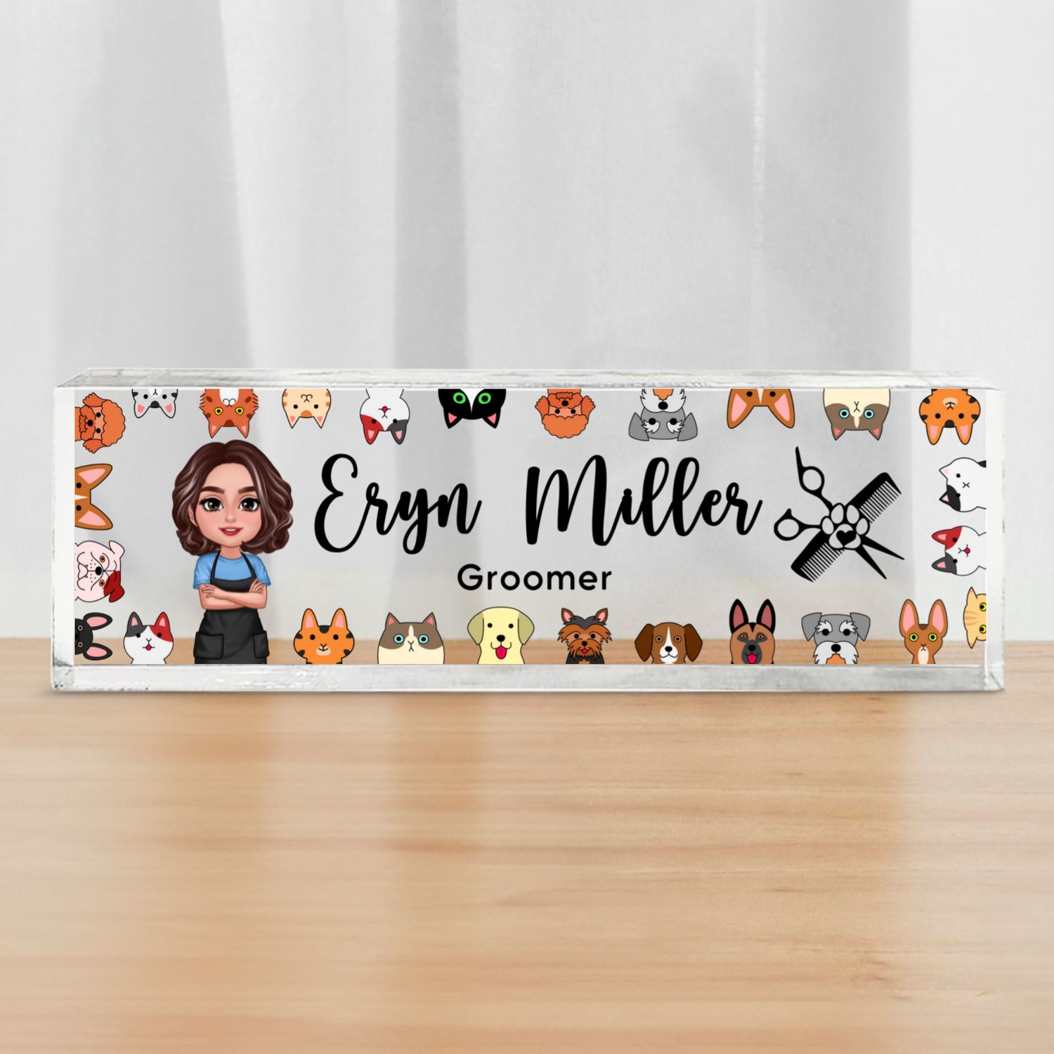Dog Cat Groomer Personalized Acrylic Desk Name Plate, Office Decor