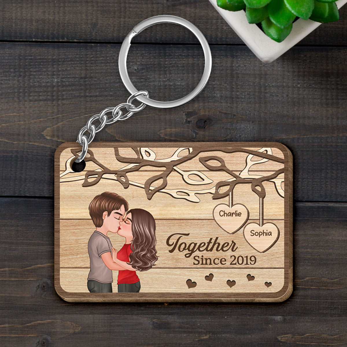 Couple Kissing Under Tree Personalized Wooden Keychain