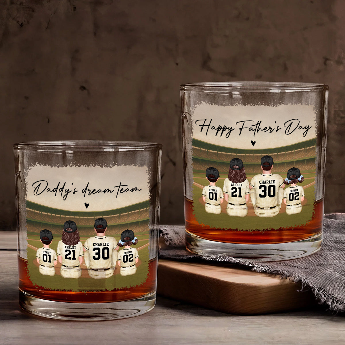 Retro Vintage Baseball Daddy's Dream Team Personalized Wine Glass, Whiskey Glass, Gift For Dad