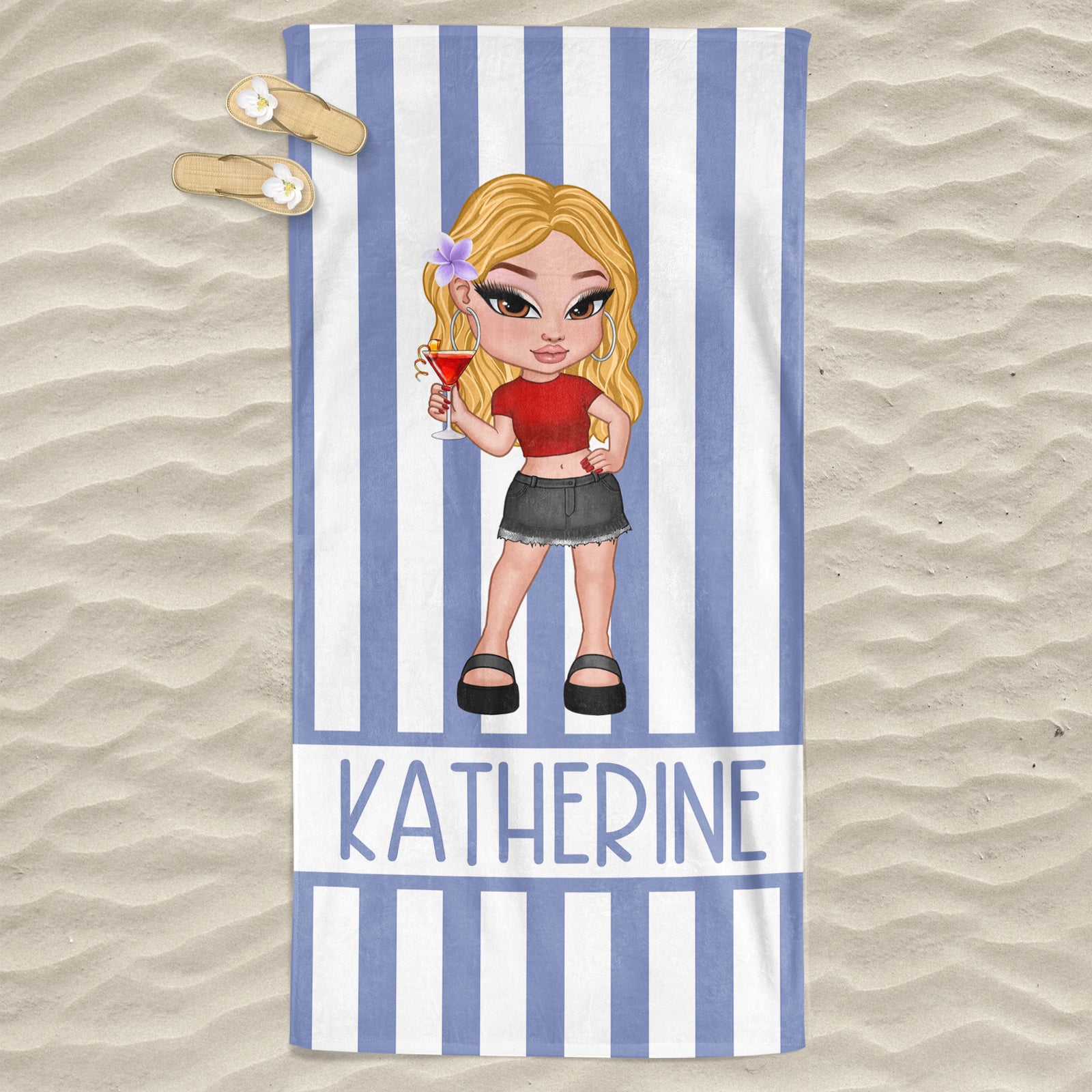 Striped Personalized Beach Towel, Vintage Y2K Bridesmaid Towel, Birthday Vacation Gift, Besties Summer Gift