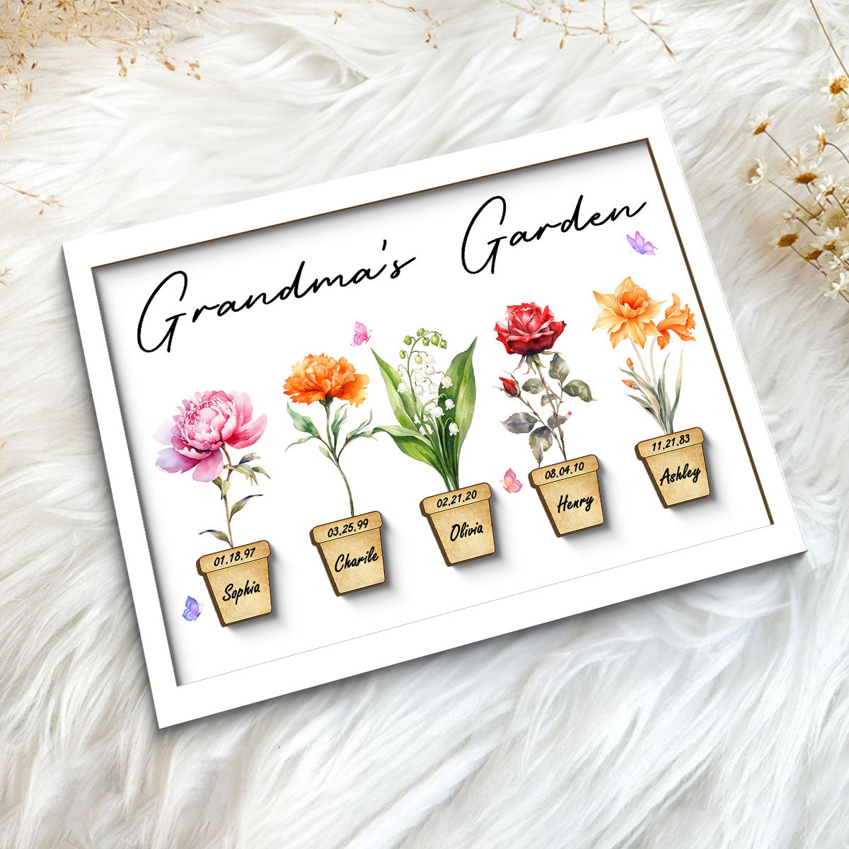 Family Grandma Garden Flower Pot Beautiful Birth Month Flowers Personalized 2-Layer Wooden Plaque