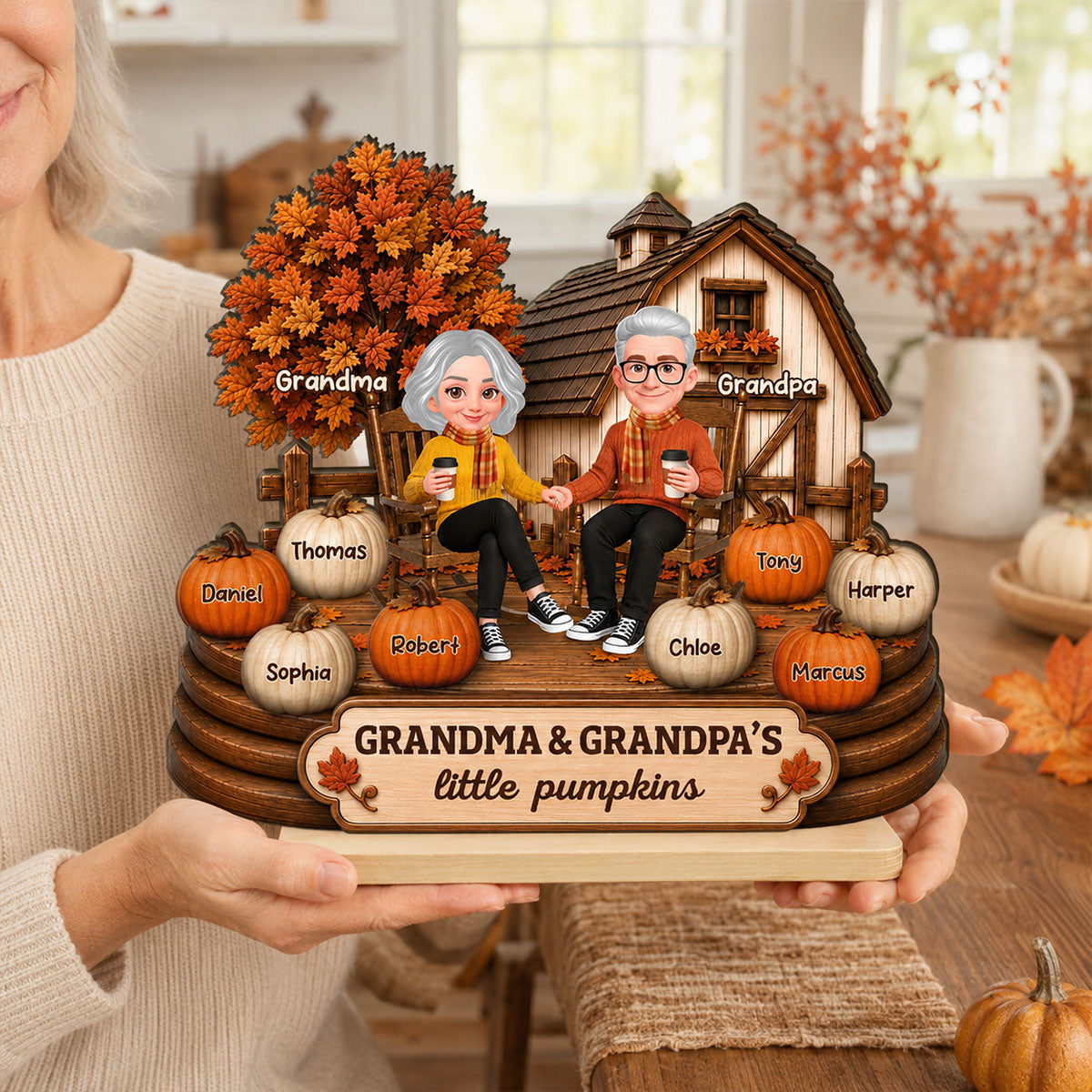 Fall Season Cozy Warm Farmhouse Style Grandma Grandpa Little Pumpkins - Personalized 2-Layered Wooden Plaque - Fall Decor For Grandparents
