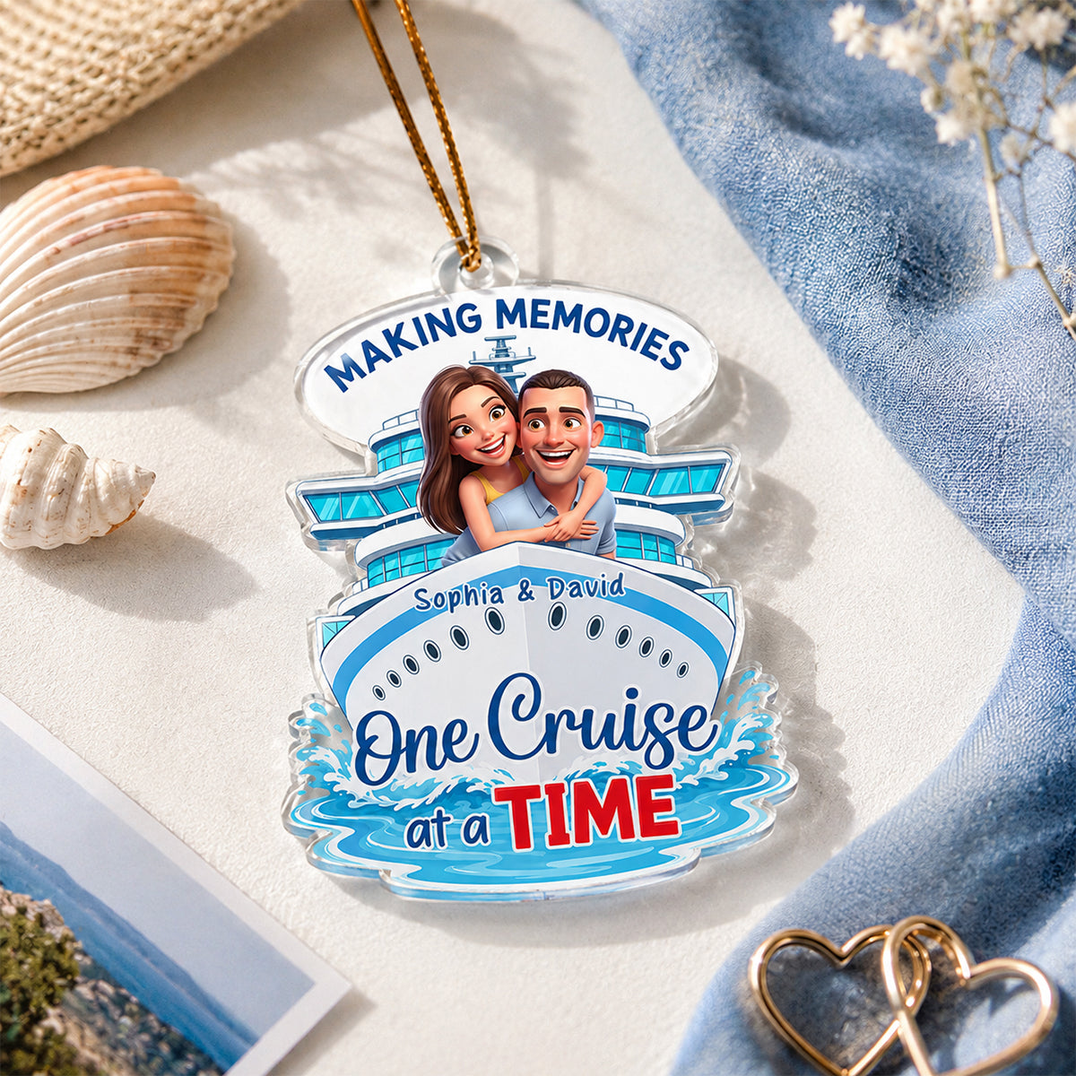 Custom Couple Photo One Cruise At A Time - Personalized Acrylic Ornament - Cruise Ship Keepsake, Cruise Ship Vacation Gifts